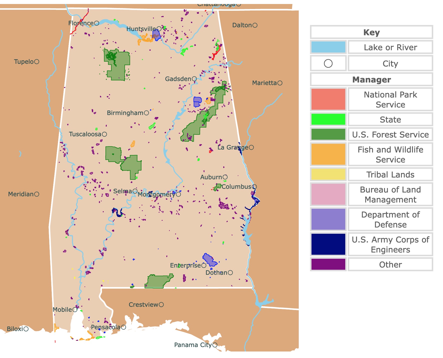 Map of Alabama's state parks, national parks, forests, and public lands areas