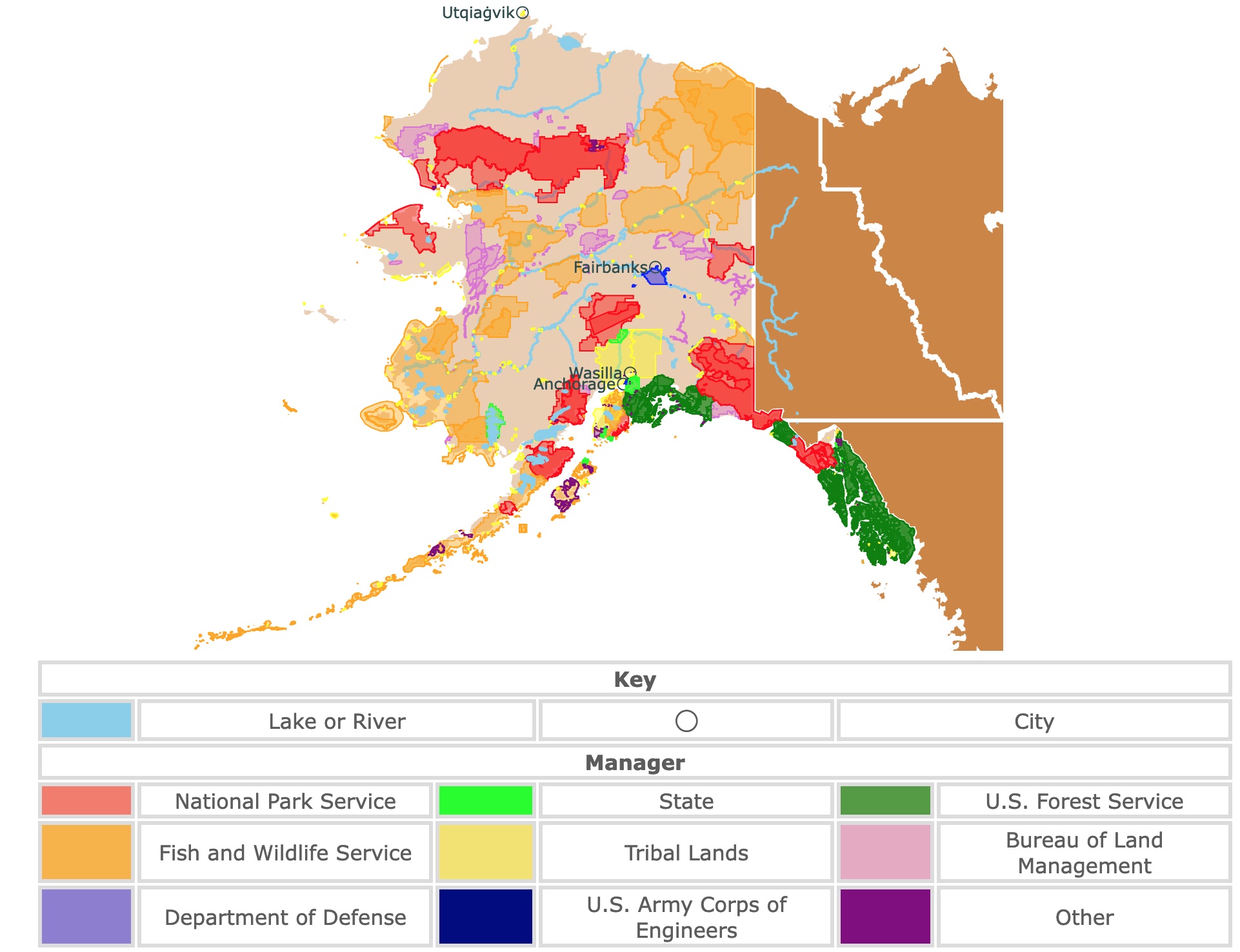 Map of Alaska's state parks, national parks, forests, and public lands areas
