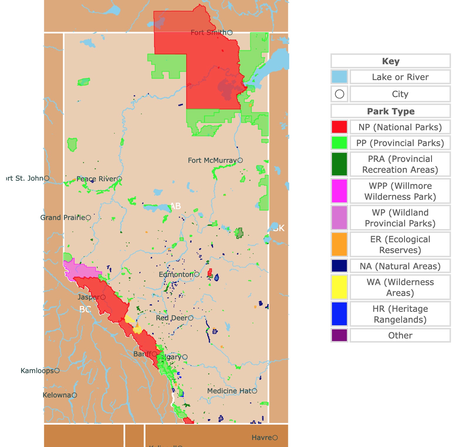 Map of Alberta's provincial parks, national parks, and natural areas
