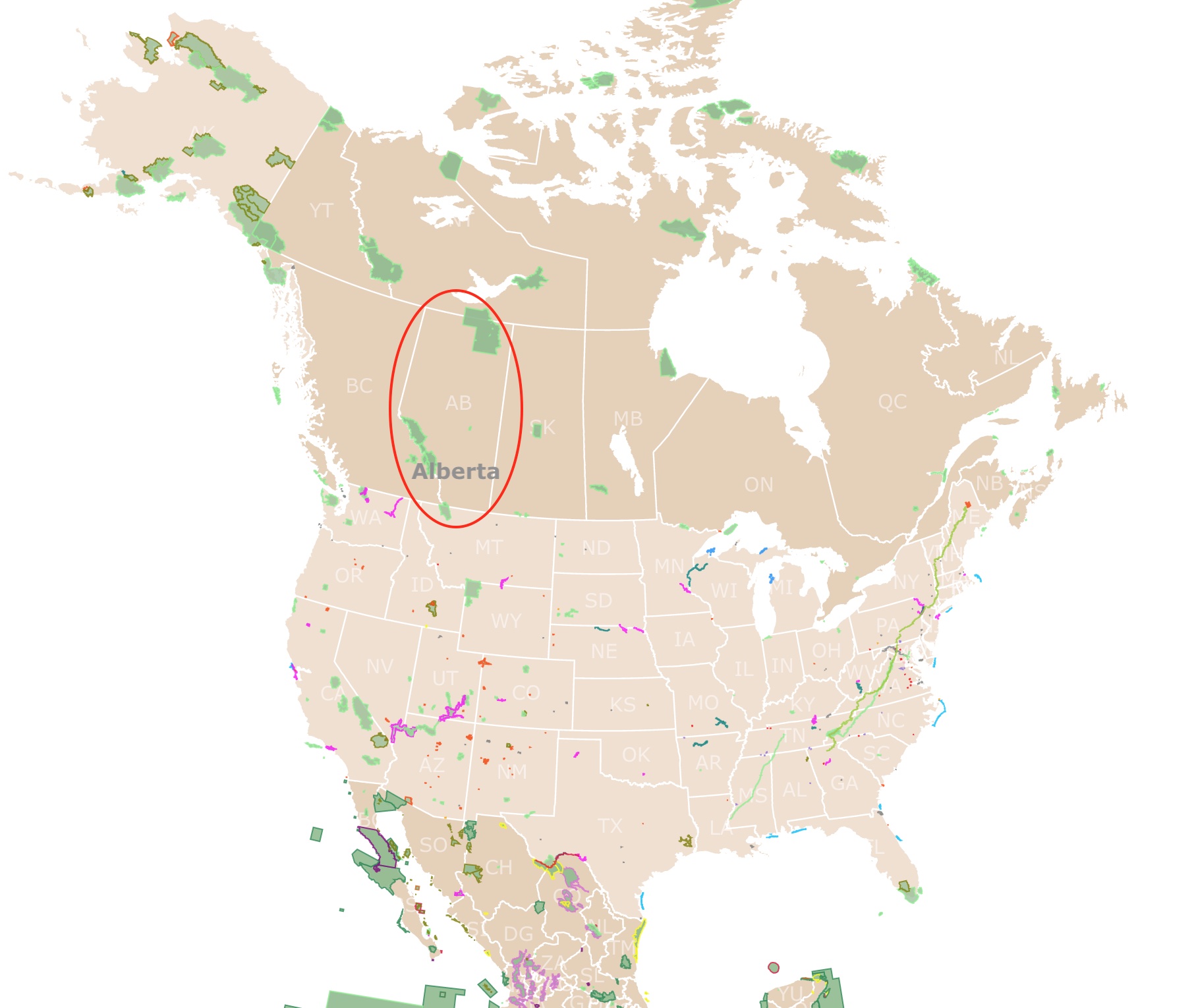 Alberta, Canada on a map of North America