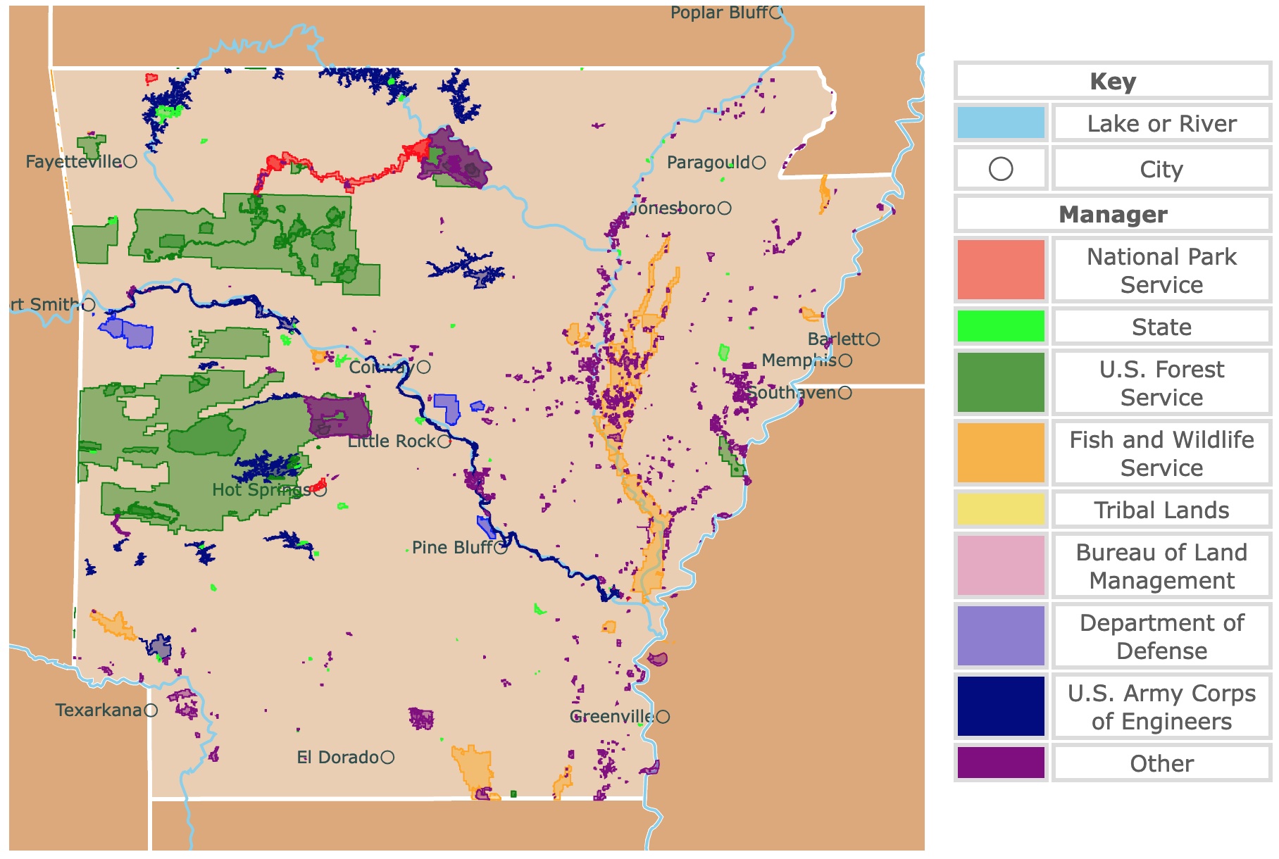 Map of Arkansas's state parks, national parks, forests, and public lands areas