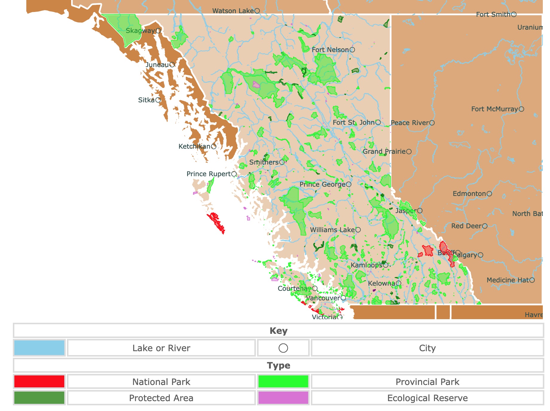 Map of British Columbia's state parks, national parks, forests, and public lands areas