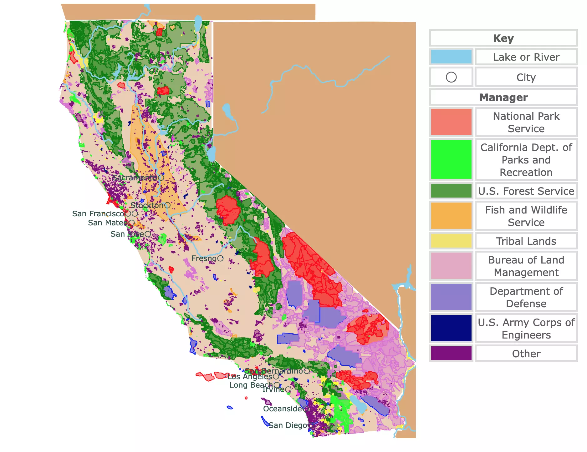 Map of California's state parks, national parks, forests, and public lands areas