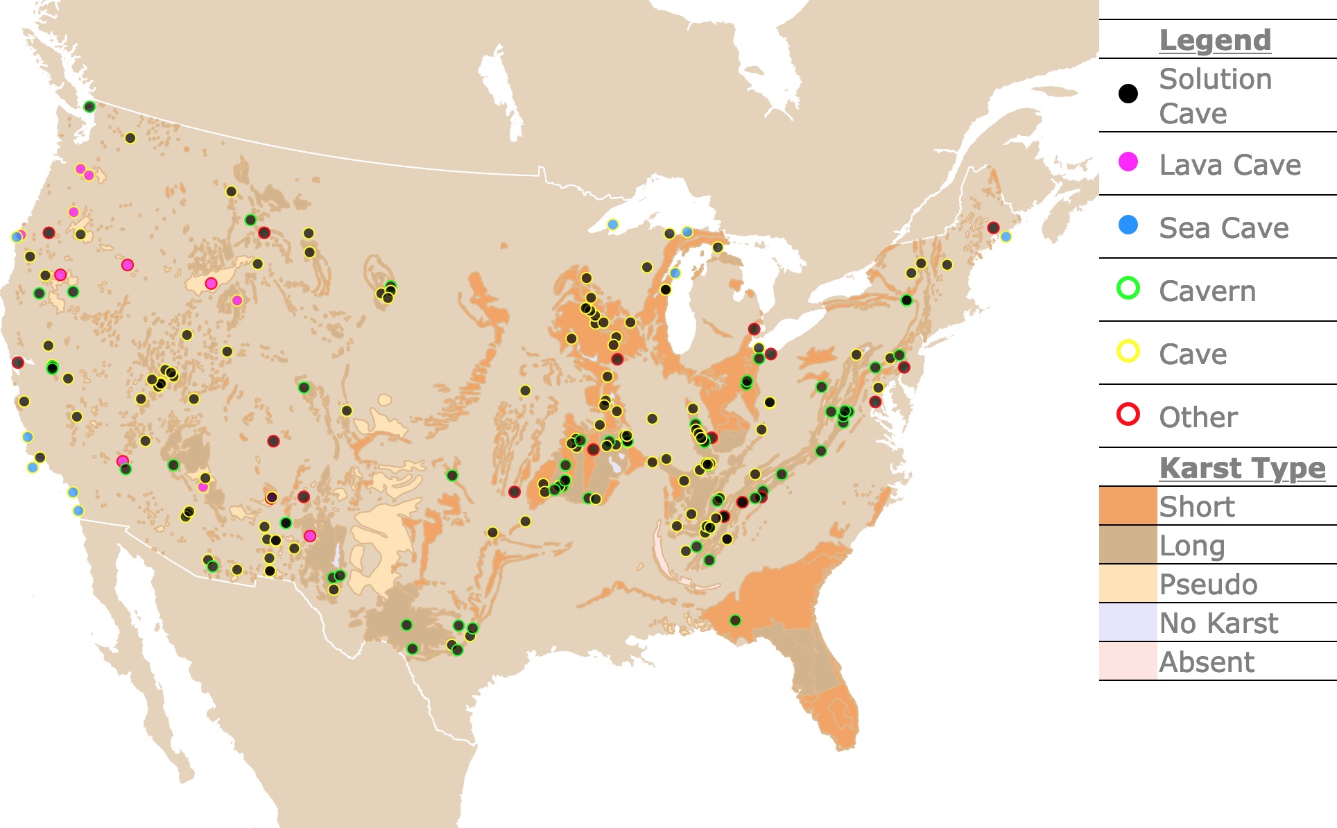 Map of Caves in the United States their geology and location.