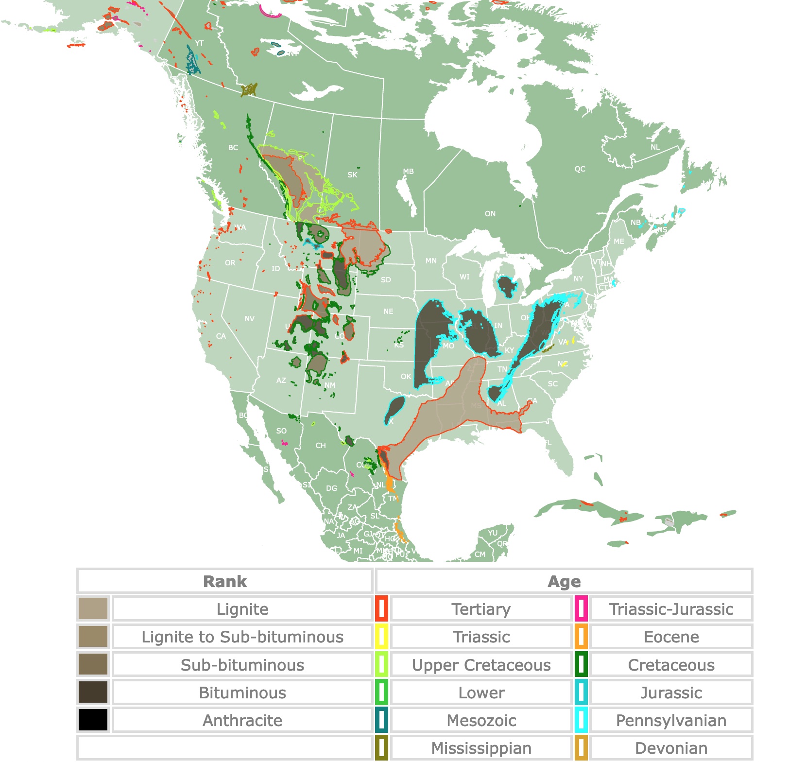 Map of Coal deposits in the USA