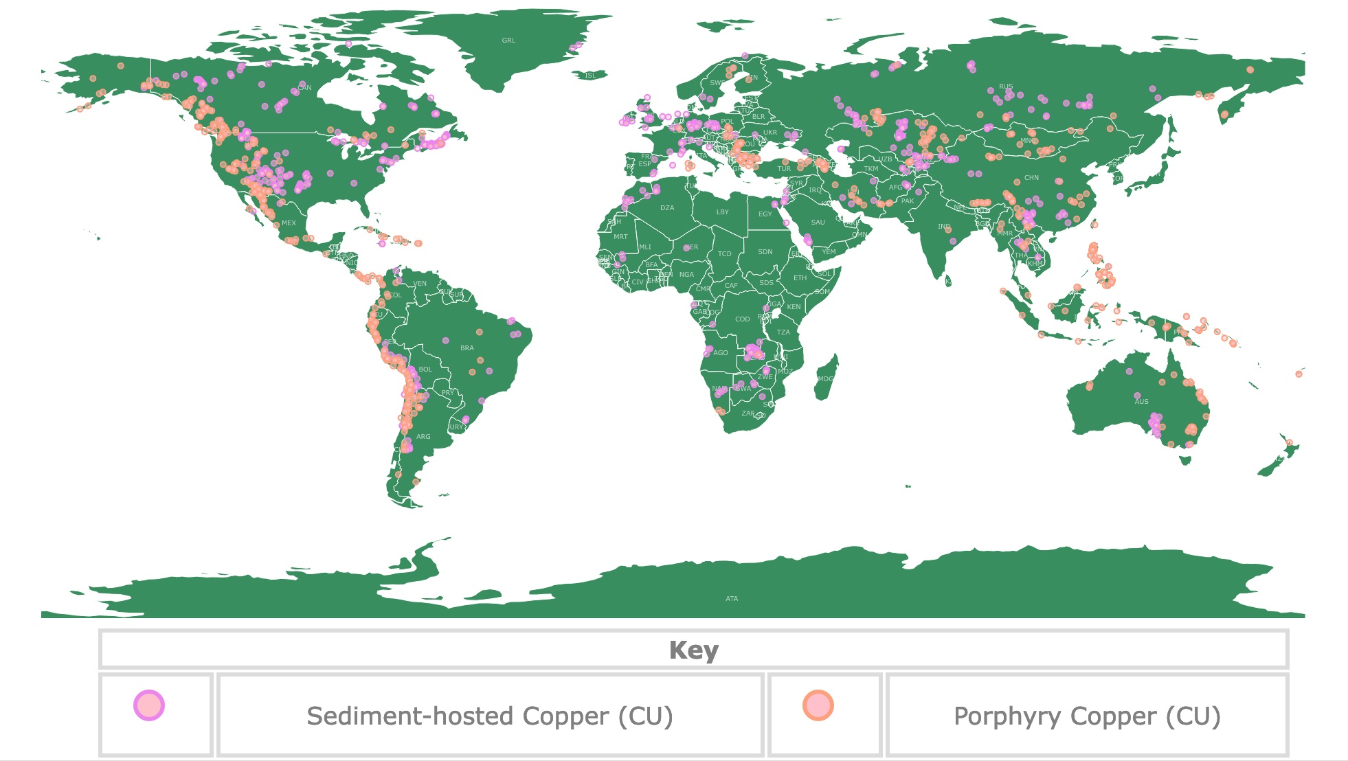 Map of copper deposits worldwide