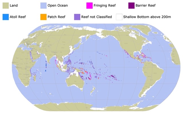 World Map of different types of Coral Reefs