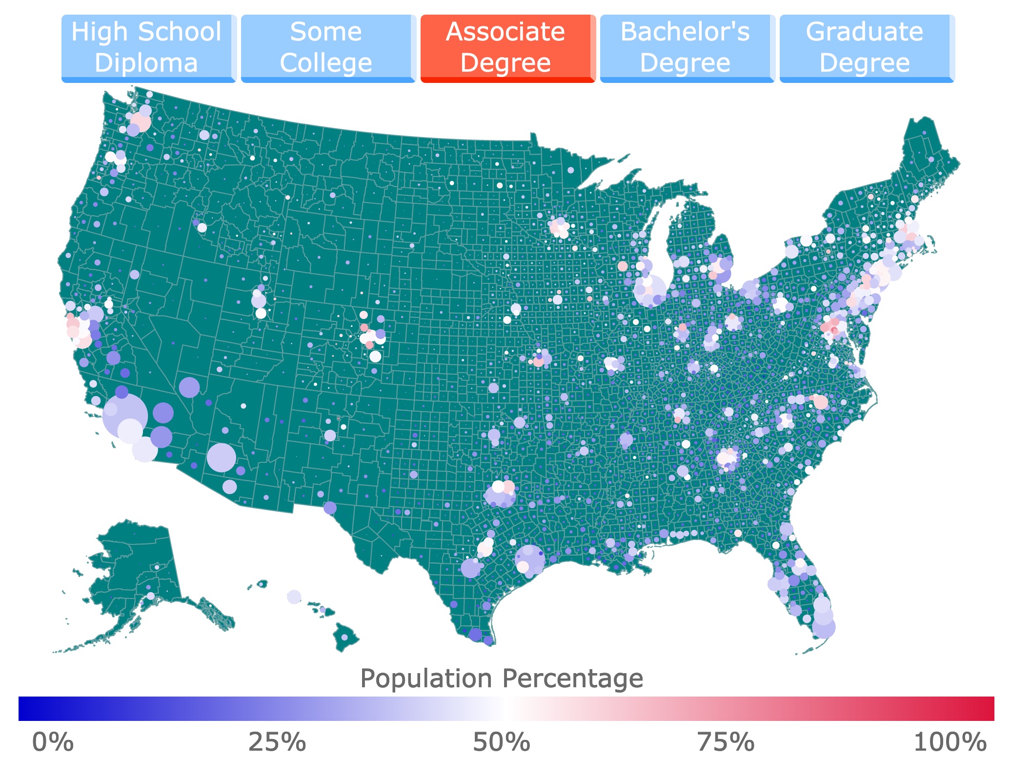 counties with population that has at least some an associate degree
