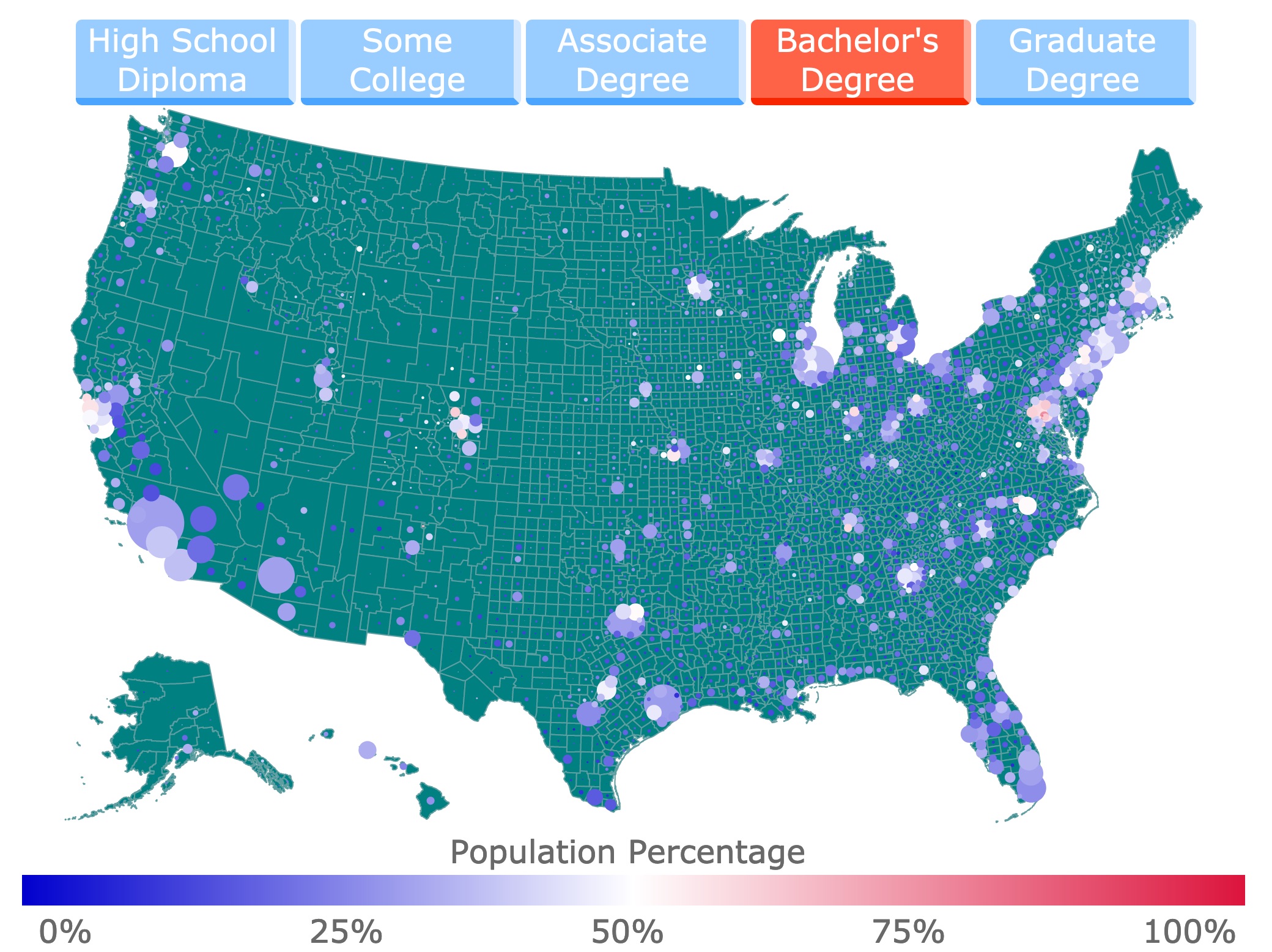counties with most bachelor's degrees map
