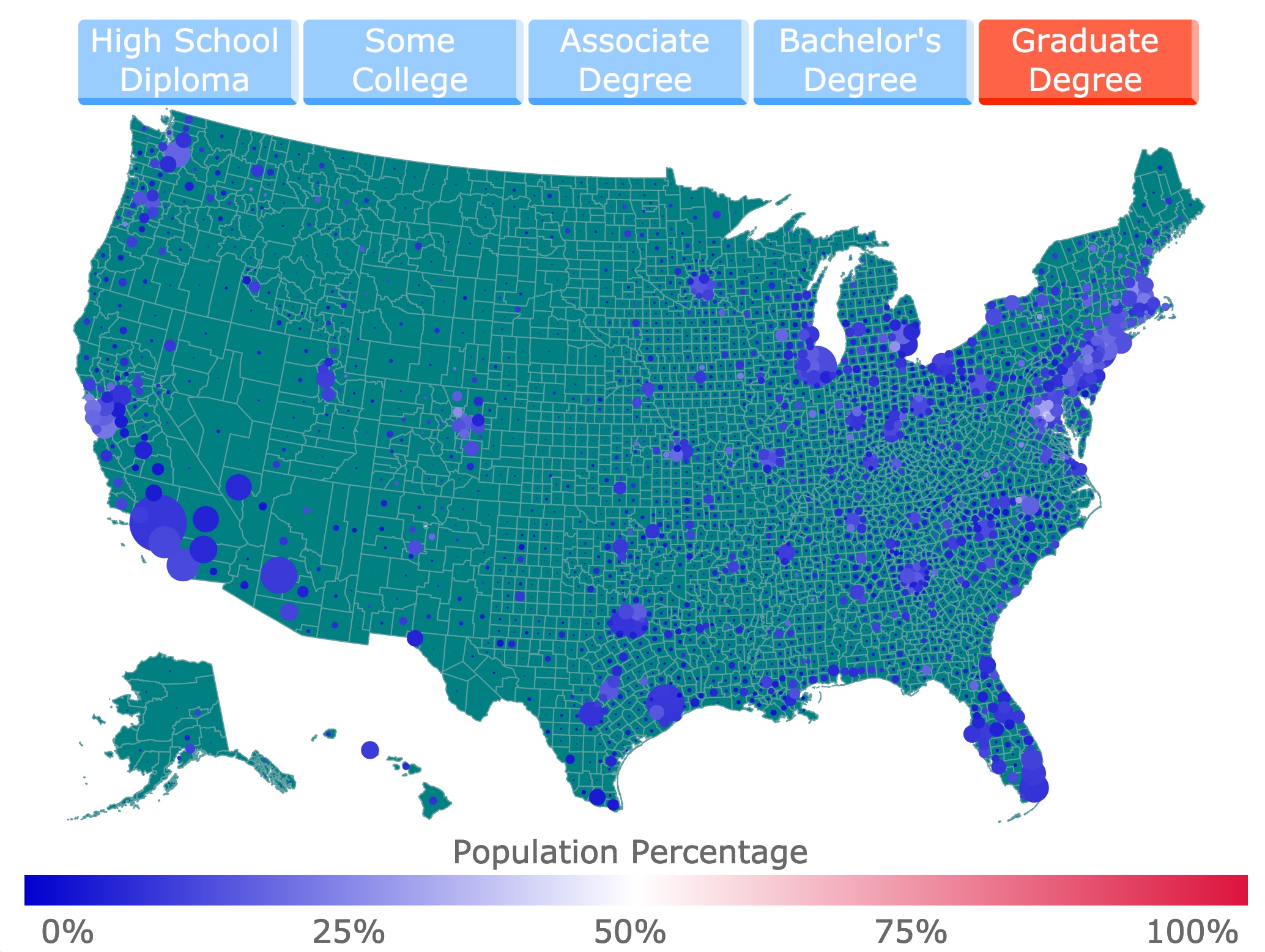 counties with most graduate degree map