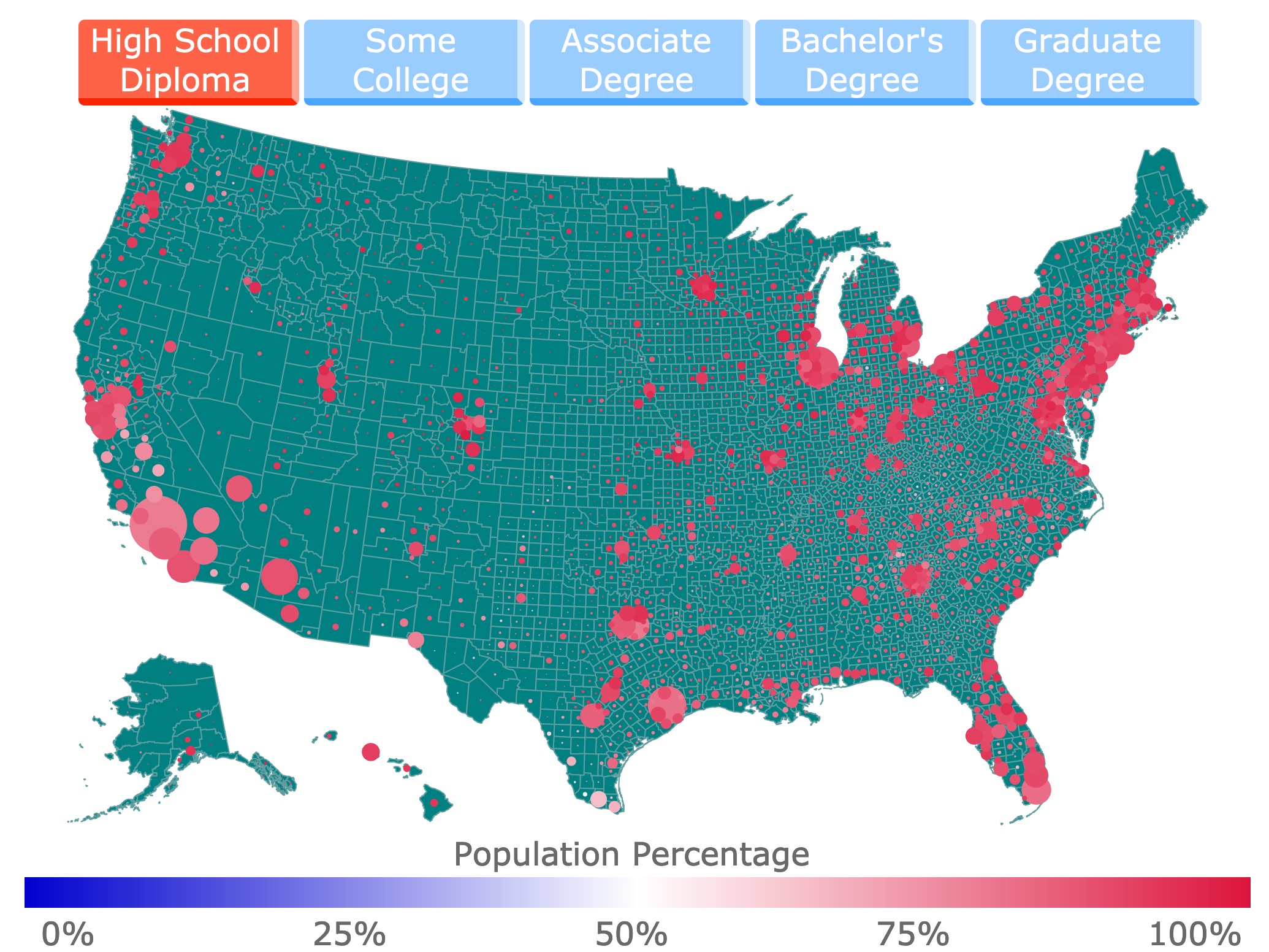 Map Percentage US population with High School Diploma