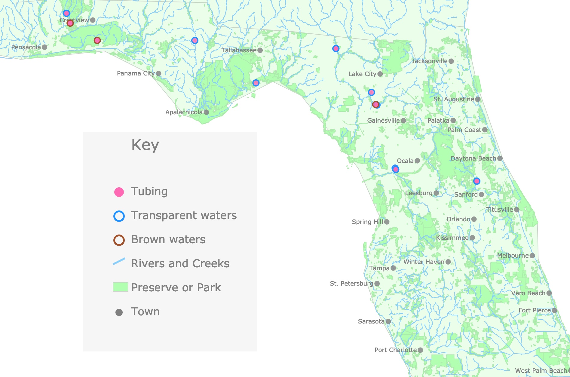Interactive map of Florida's Lazy Rivers, Creeks, Parks and Springs.
