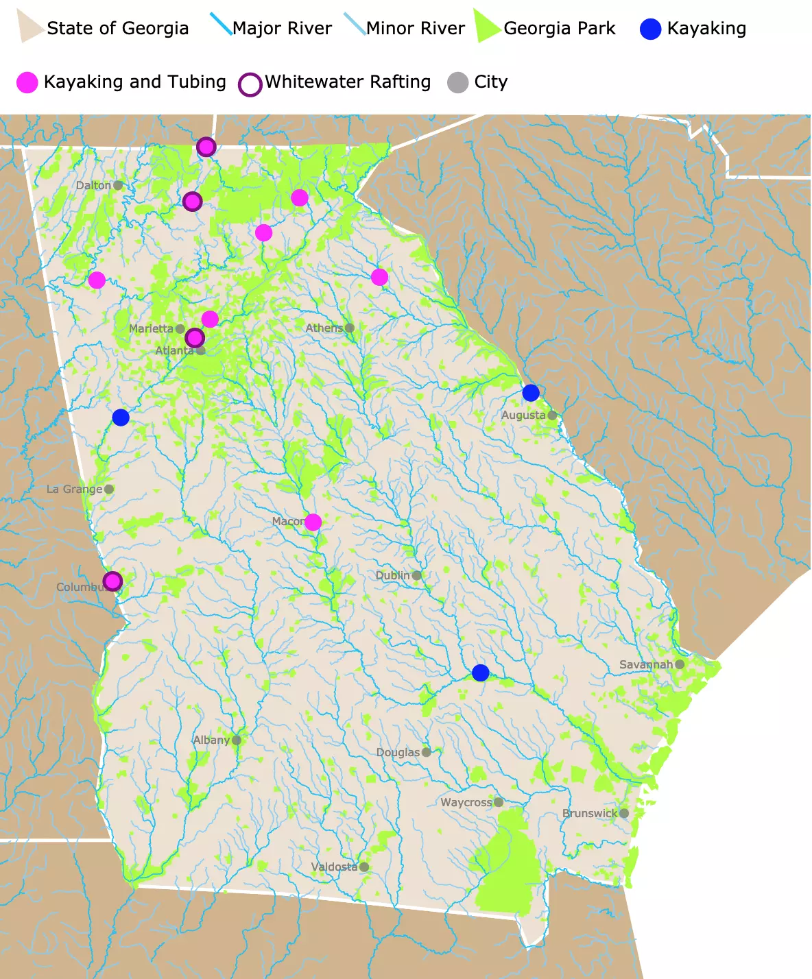 Interactive map of whitewater rafting, kayaking, and natural Lazy rivers for tubing in Georgia.