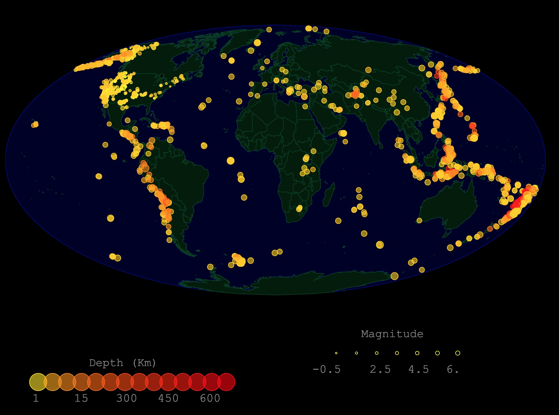 Map of Global earthquakes, magnitudes and depth