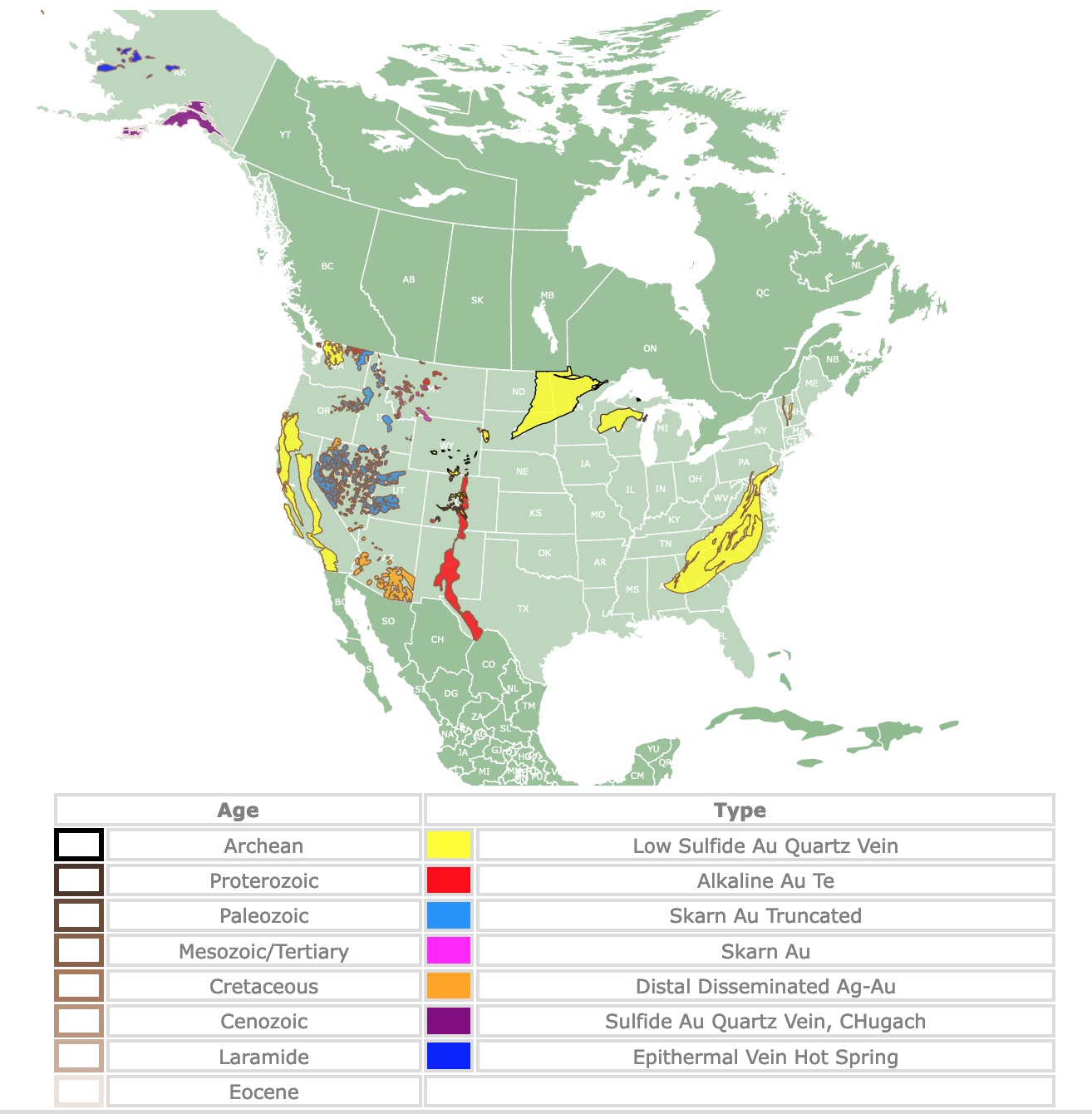 Map of Gold deposits in the USA
