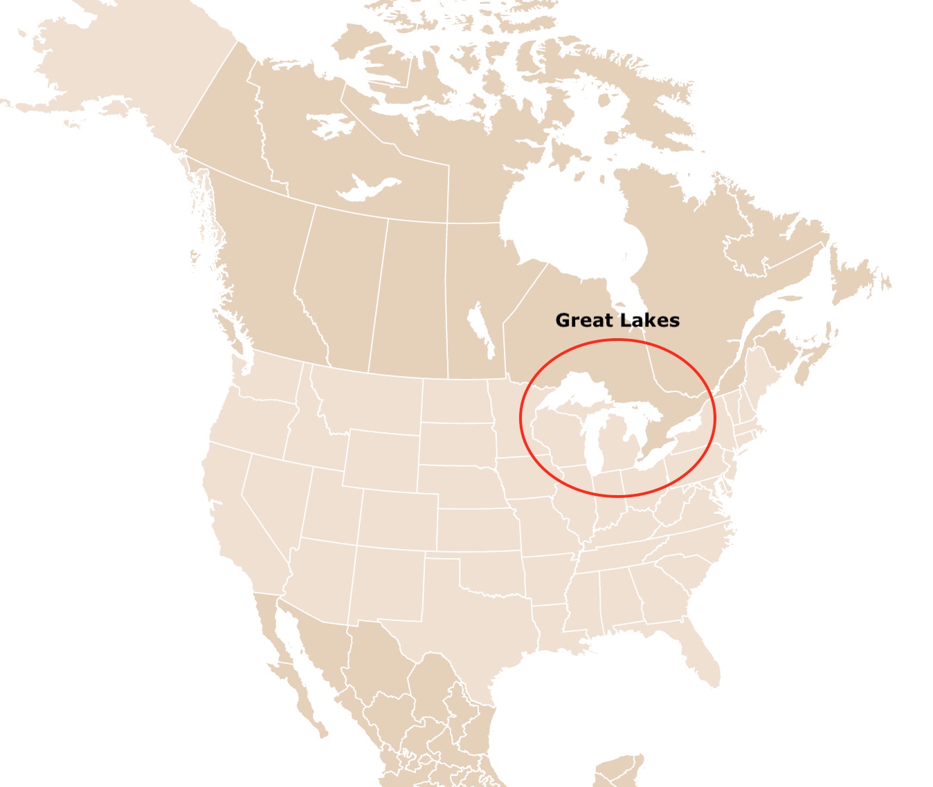 Location of the great lakes on a map