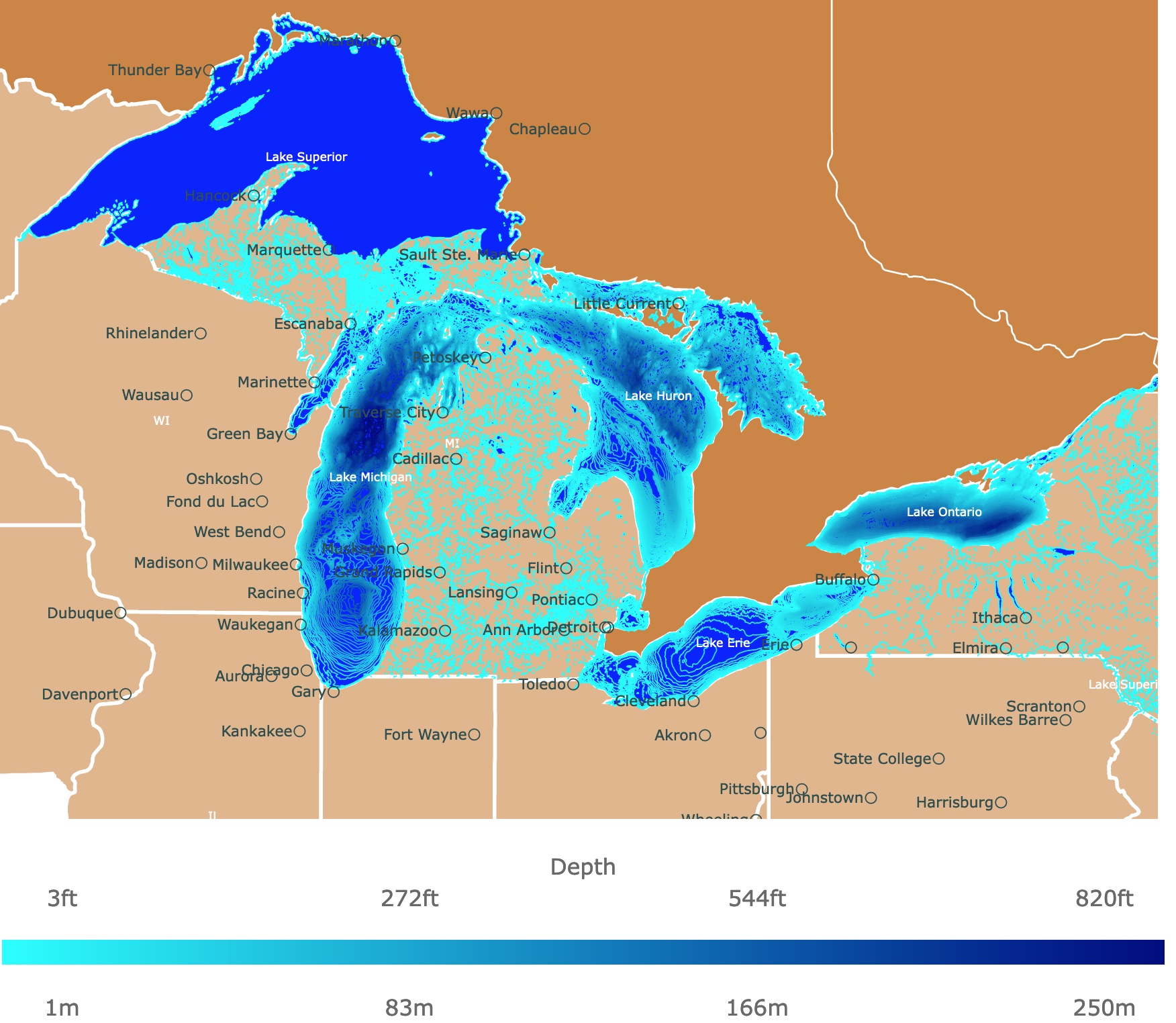 Map of the Great Lakes and their depths