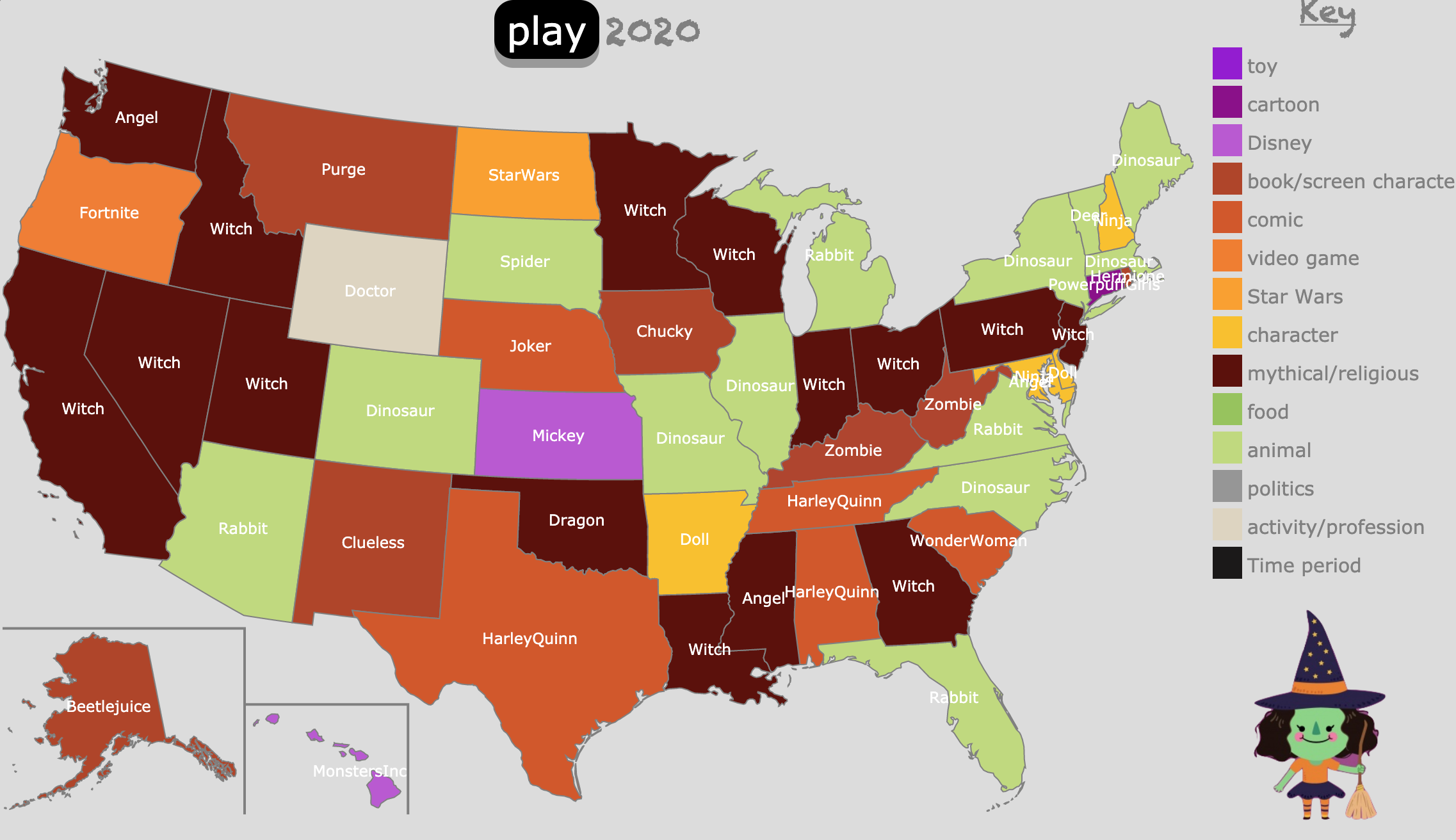 Map of favorite Halloween costume by state