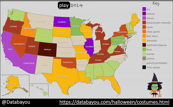 Animated map of favorite Halloween costumes in the US by state