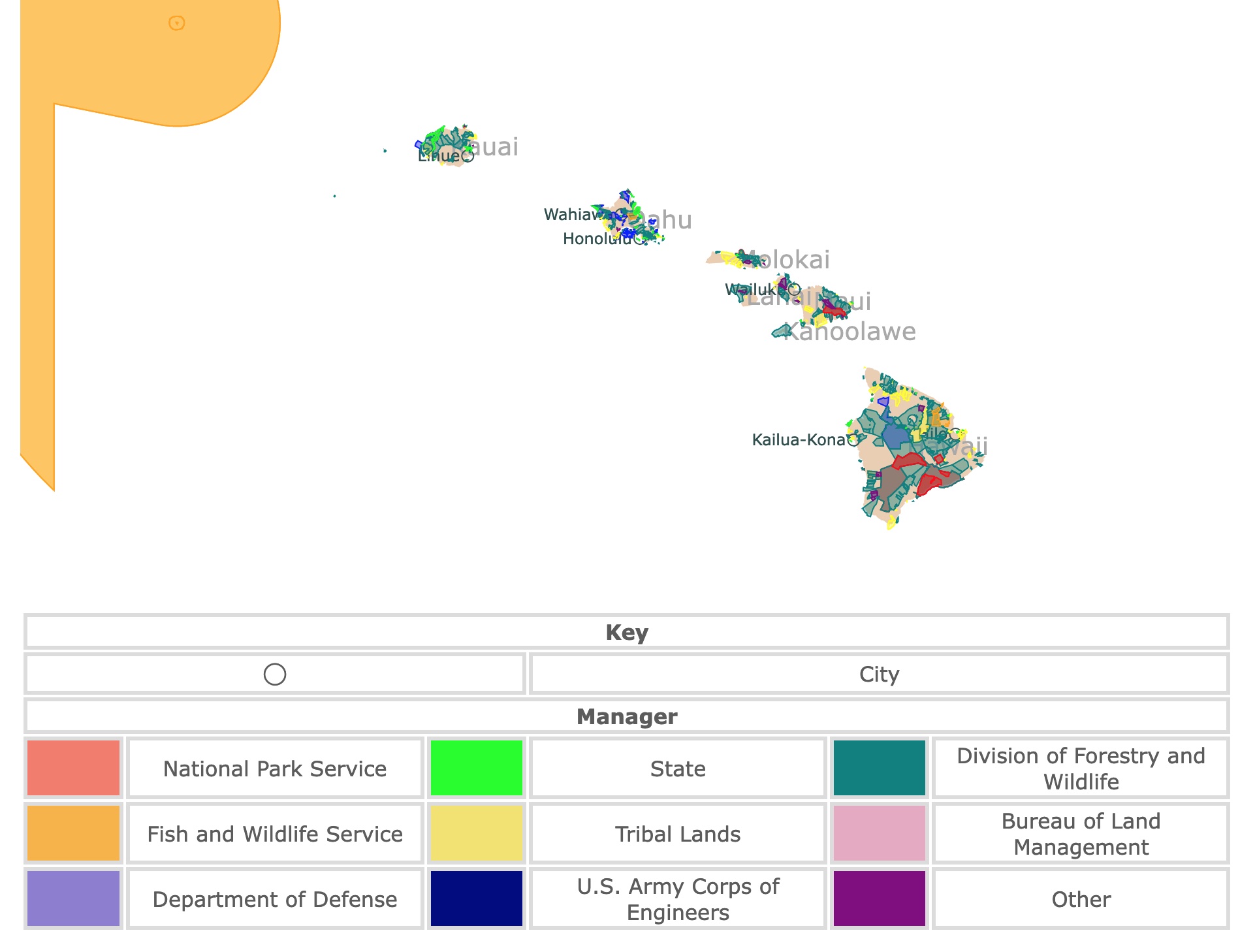 Map of Hawai'i's state parks, national parks, forests, and public lands areas