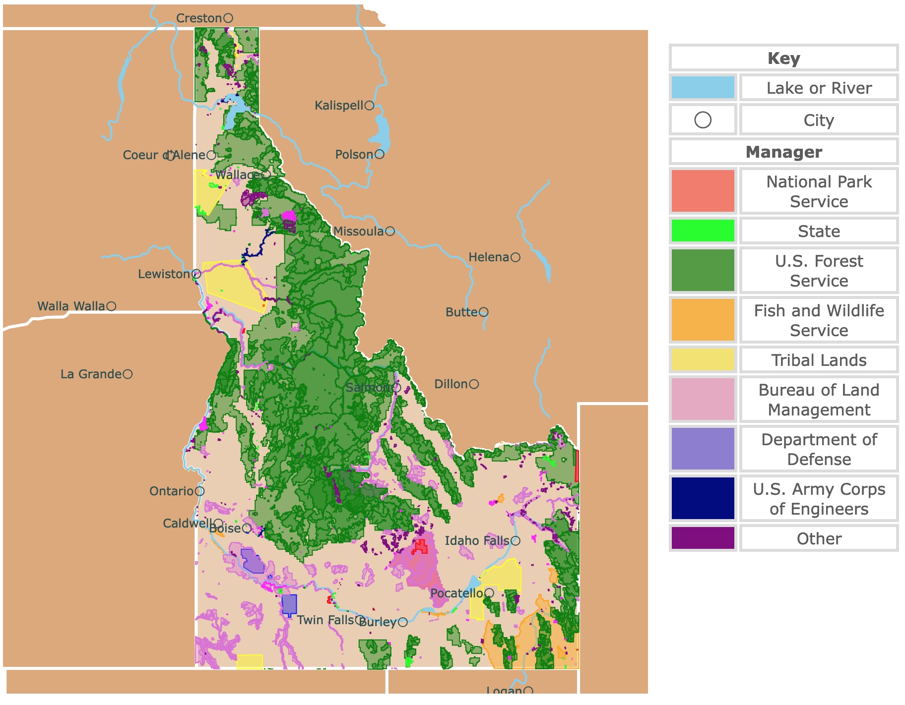 Map of Idaho's state parks, national parks, forests, and public lands areas