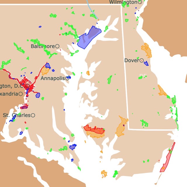 Map of Parks in Maryland, and Delaware