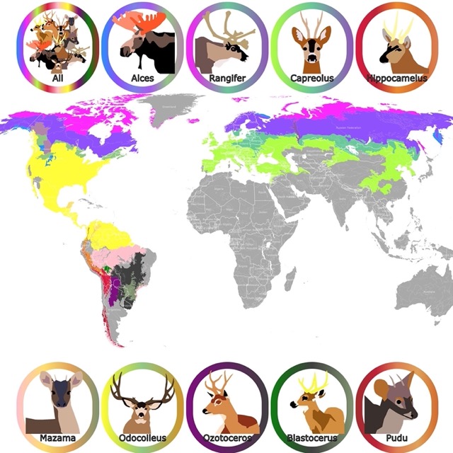 Map of deer geographic range worldwide