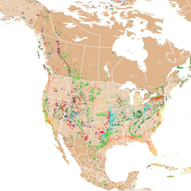 Map of fossils in Northamerica
