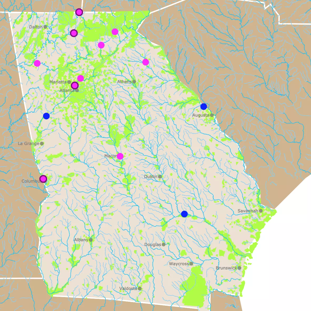 Map of Tubing and white water rivers in Georgia