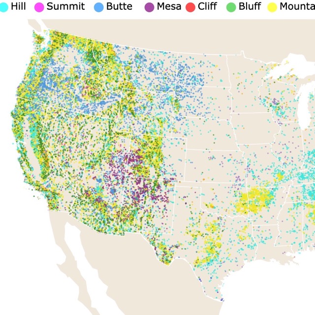 Map of hills, summits, and mountains of the USA