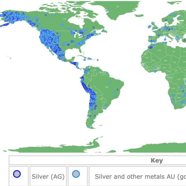 Map of Silver deposits and mines worldwide