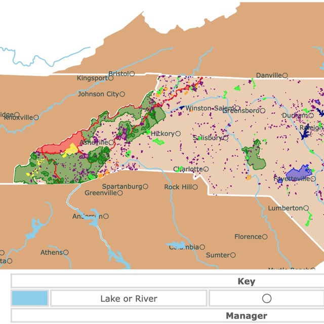 Map of North Carolina's National Parks, State Parks, National Forests, and Protected Areas