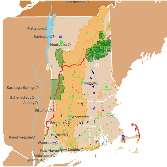 Map of Parks of New England including Connecticut, New Hampshire, Massachusetts, and Rhode Island