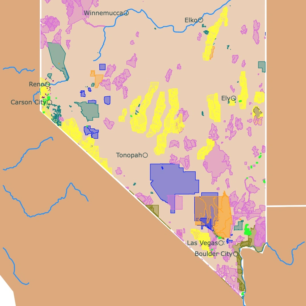 Map of Nevada's National Parks, State Parks, National Forests, and Other Public Lands