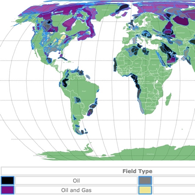World map of oil and gas fields