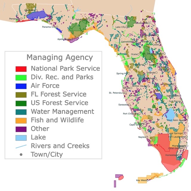 Map of Florida National Parks, State Parks, and protected areas.