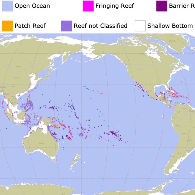 Map of types of coral reefs