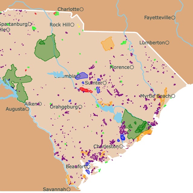 Map of South Carolina's Parks and protected areas