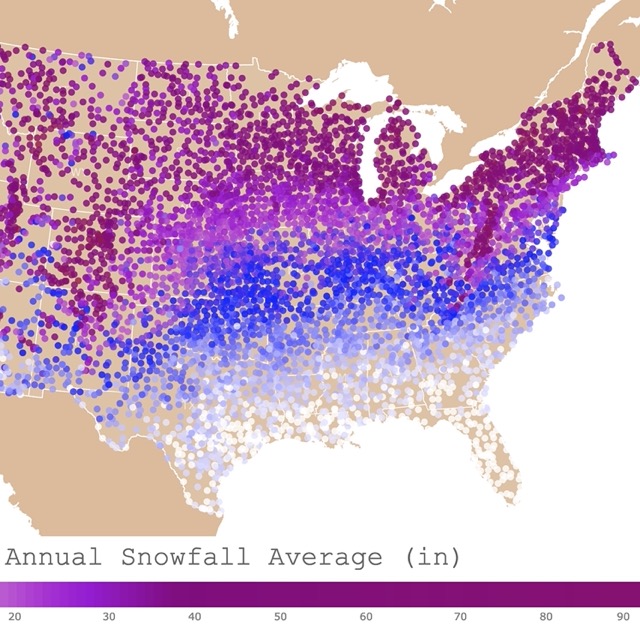 Map of Annual average snow fall in the USA