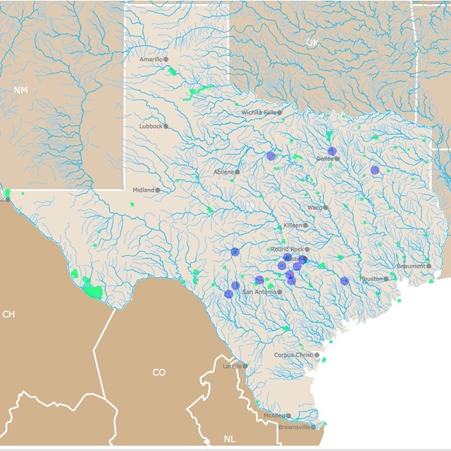 Map of Tubing and Kayaking sites in Texas