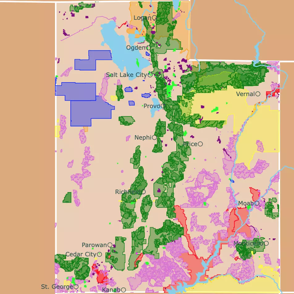 Map of Utah's National Parks, State parks, and Public lands