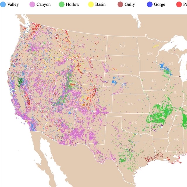 Dot map valleys and canyons in the USA