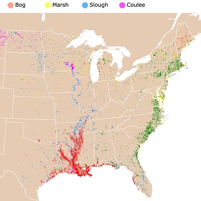 Map of U.S. bayous, wetlands and marshes