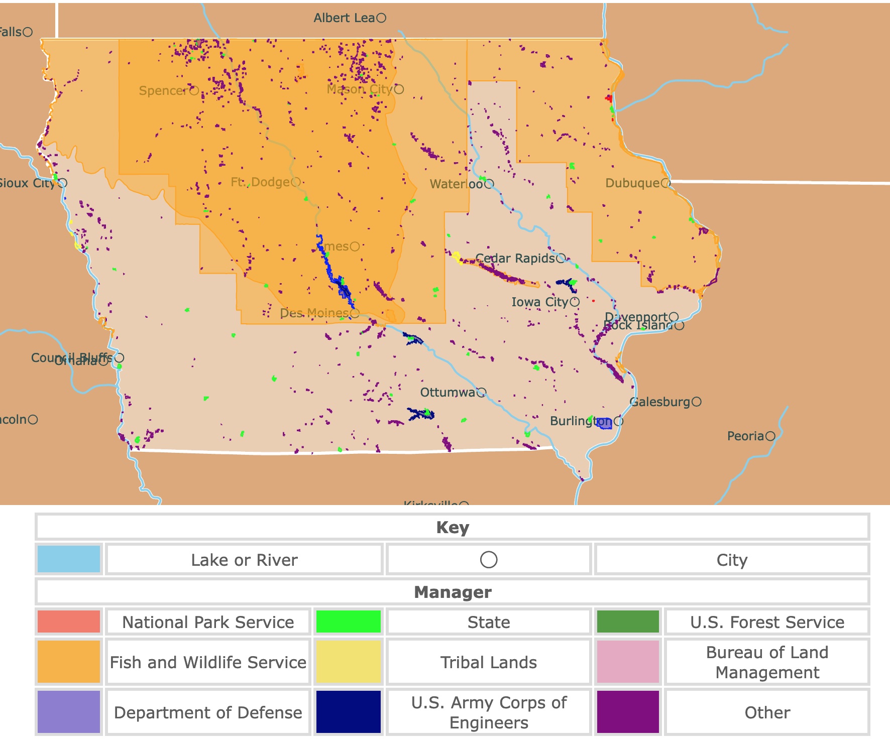 Map of Iowa's state parks, national parks, forests, and public lands areas
