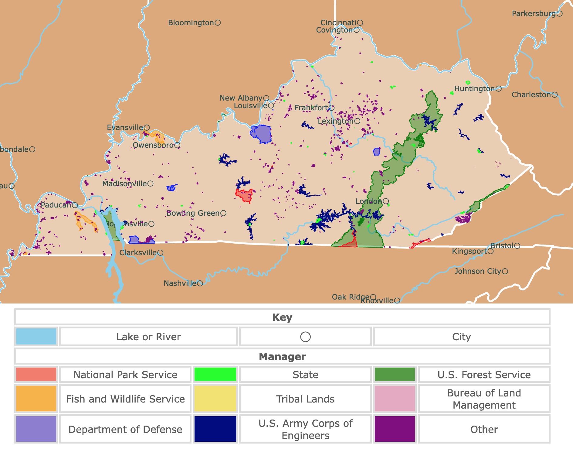 Map of Kentucky's state parks, national parks, forests, and public lands areas