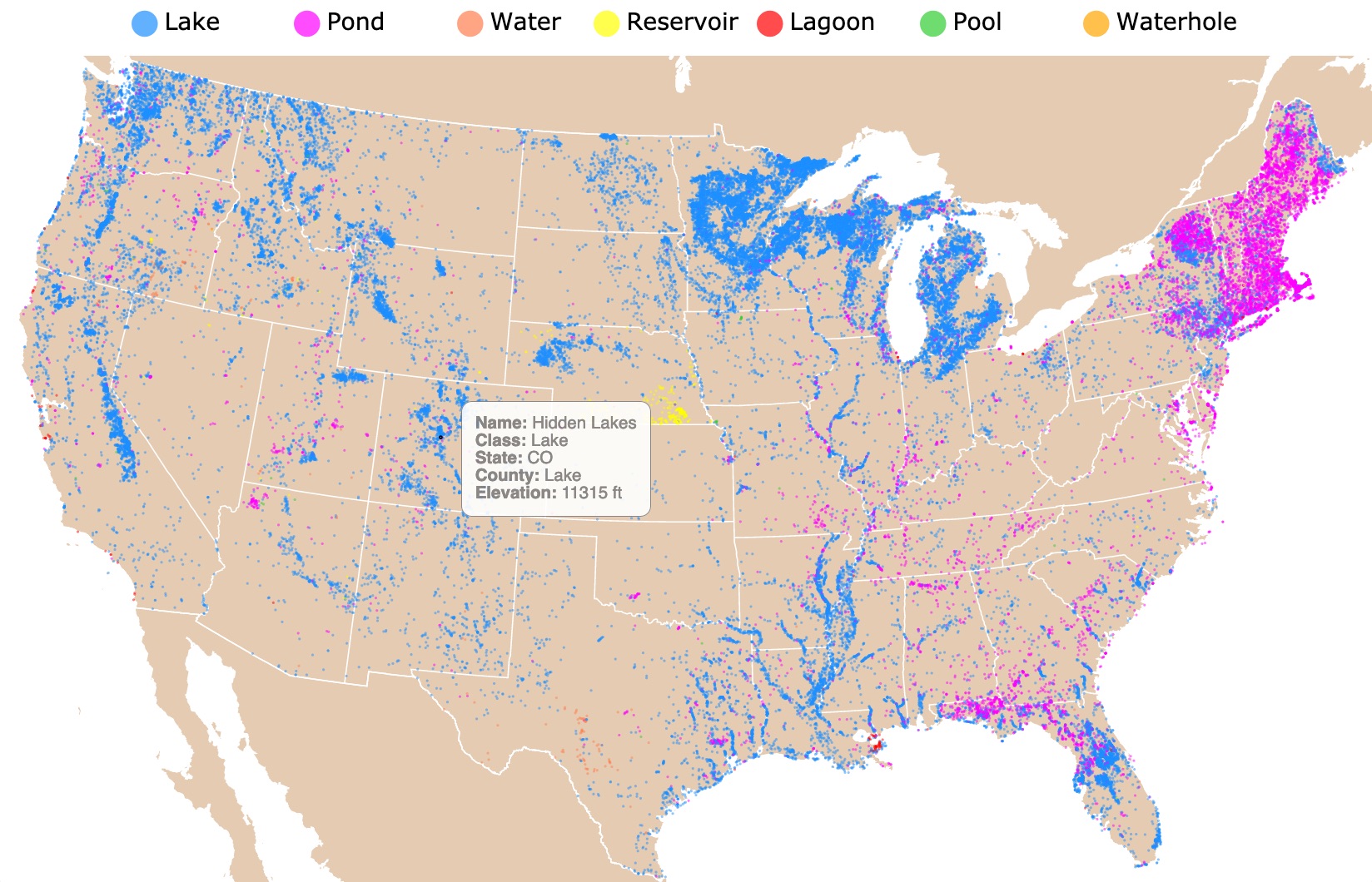 Map of Lakes and Ponds in the US