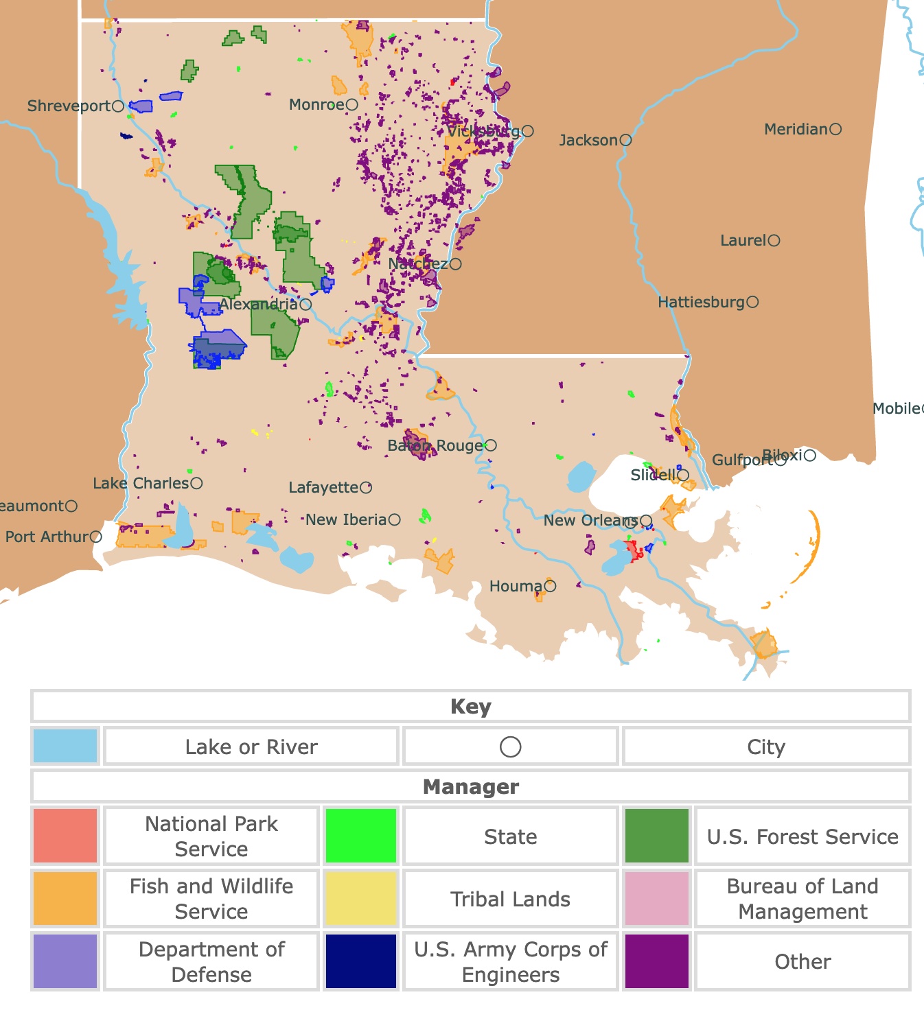 Map of Louisiana's state parks, national parks, forests, and public lands areas