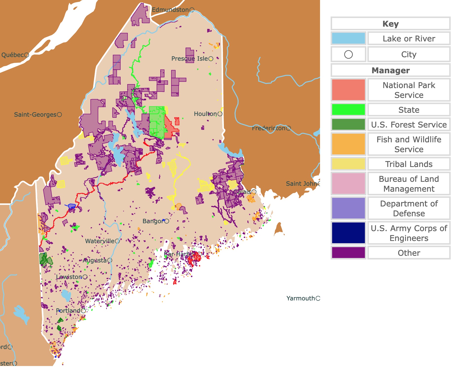 Map of Maine's state parks, national parks, forests, and public lands areas