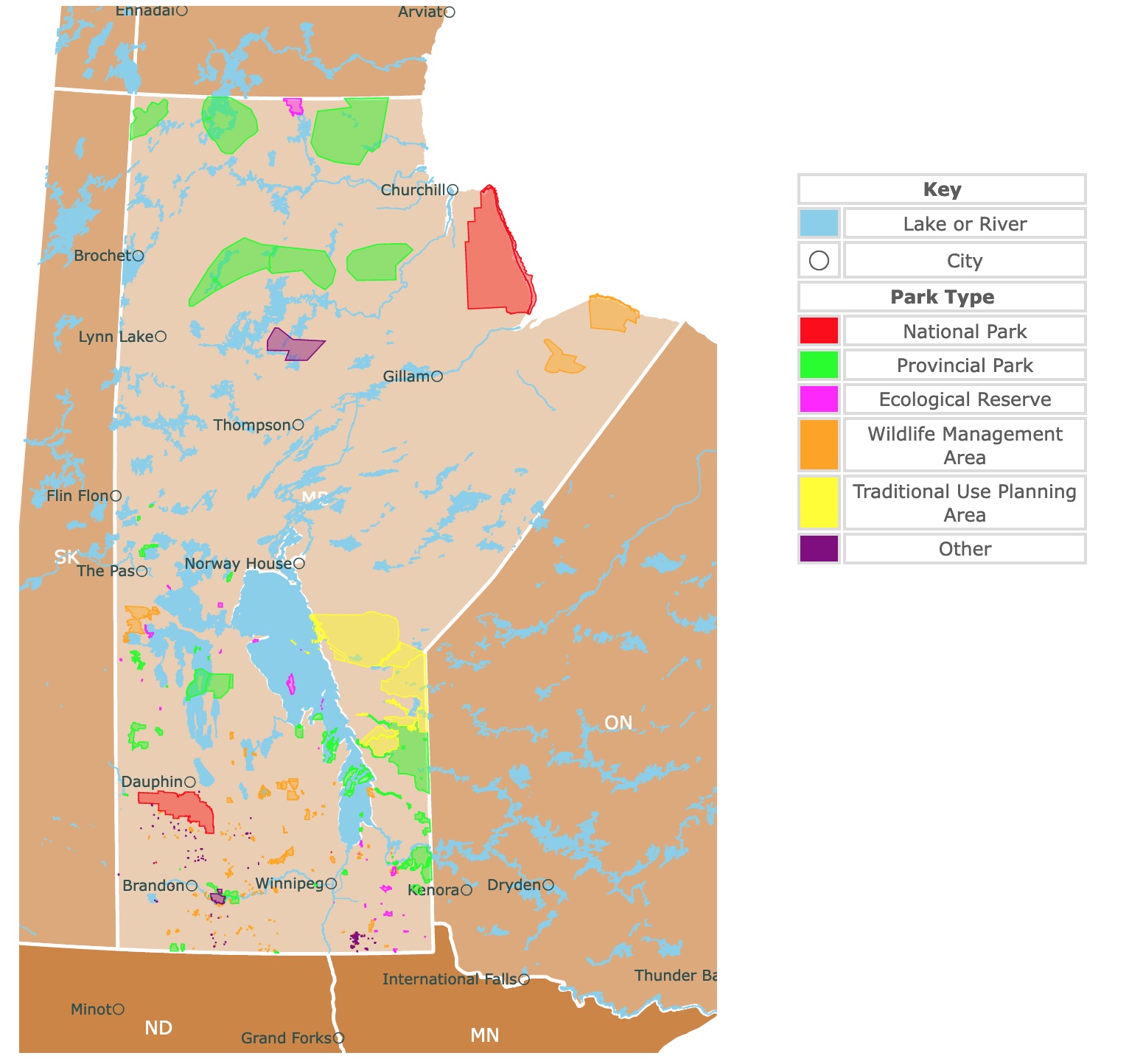 Map of Manitoba's provincial parks, national parks, and natural areas