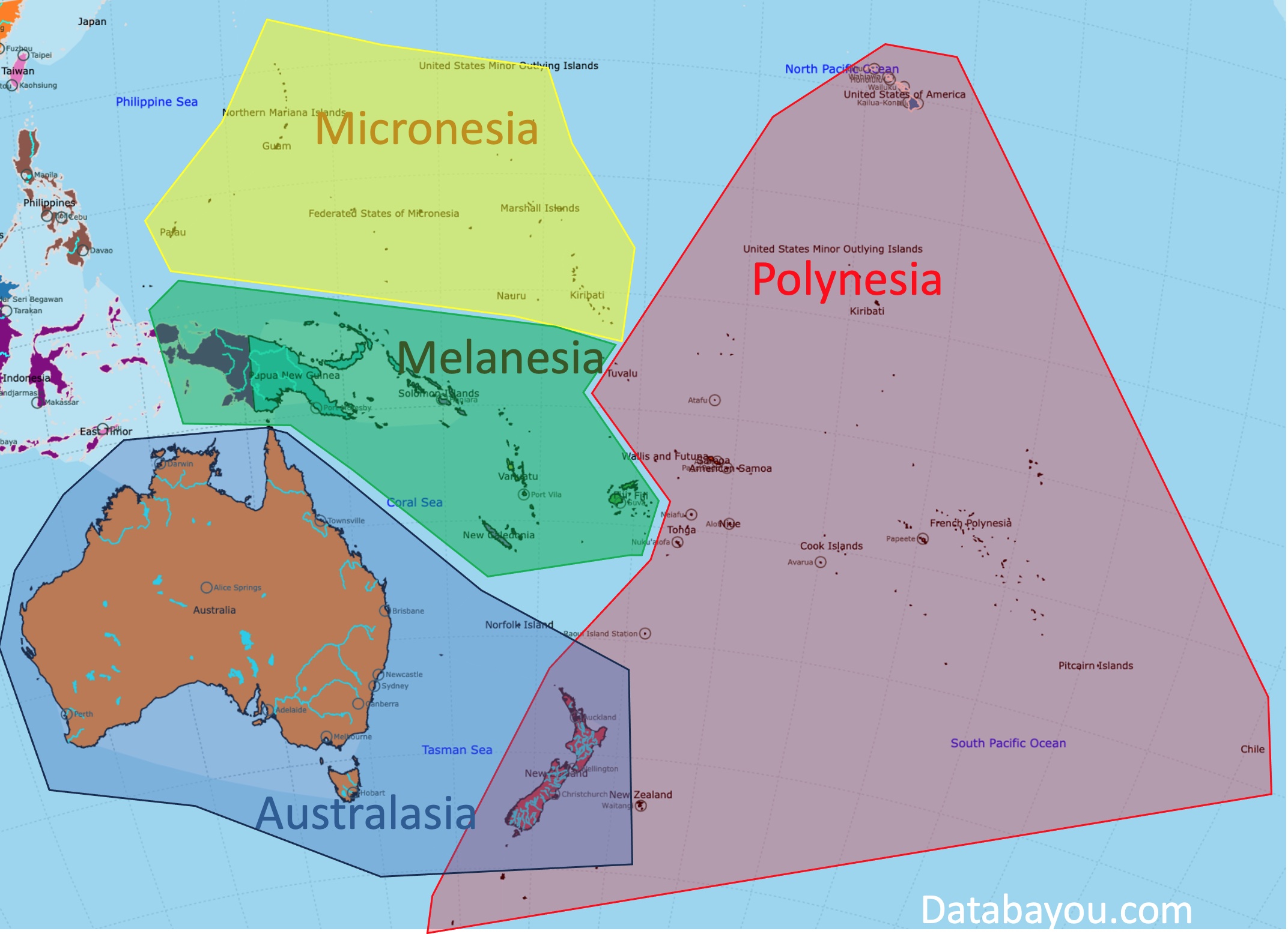 Map of Oceania's Regions: Australasia, Polynesia, Micronesia, and Malanesia.